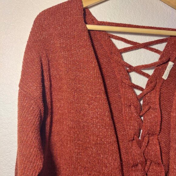 Heart & Hips Burgundy Lace-Up Back Cardigan | Open Front Knit Sweater Size S - Picture 3 of 9